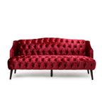 Wine Red Velvet Button-Tufted 3-Seater Sofa with Birch Wood Legs