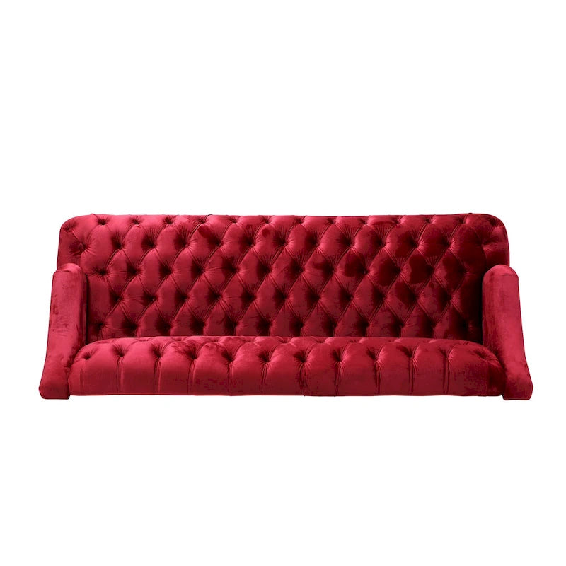 Wine Red Velvet Button-Tufted 3-Seater Sofa with Birch Wood Legs