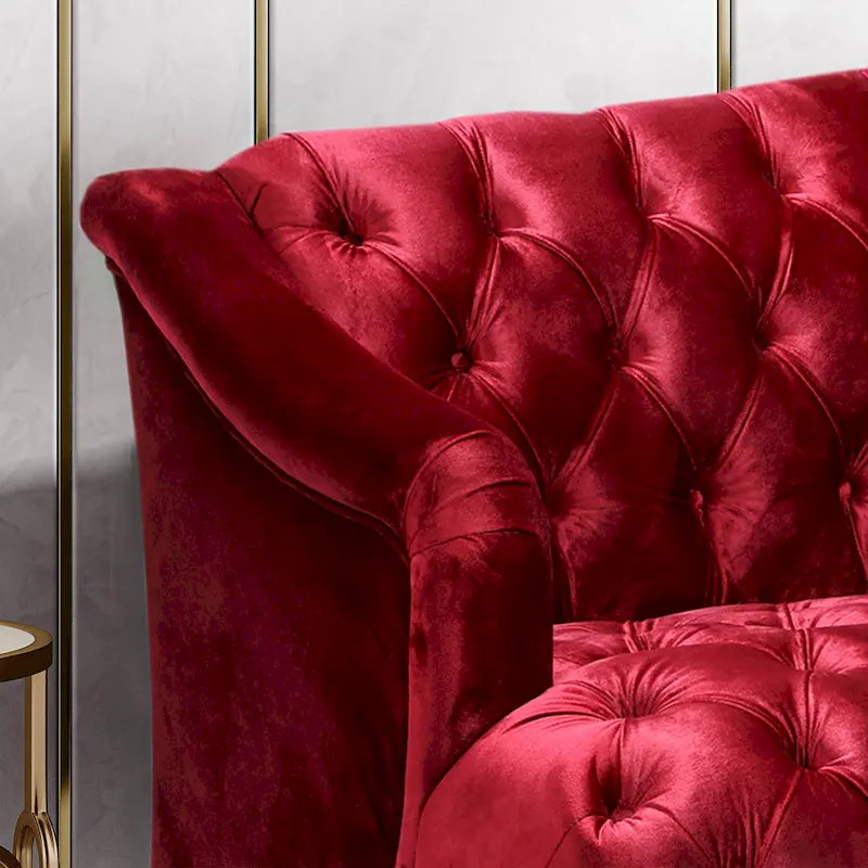 Wine Red Velvet Button-Tufted 3-Seater Sofa with Birch Wood Legs