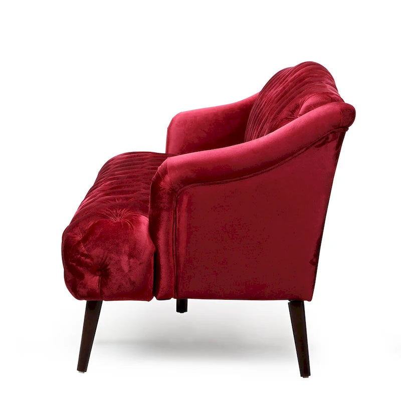 Wine Red Velvet Button-Tufted 3-Seater Sofa with Birch Wood Legs