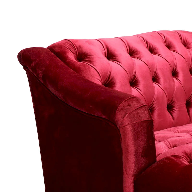 Wine Red Velvet Button-Tufted 3-Seater Sofa with Birch Wood Legs