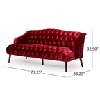 Wine Red Velvet Button-Tufted 3-Seater Sofa with Birch Wood Legs