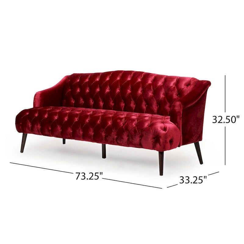Wine Red Velvet Button-Tufted 3-Seater Sofa with Birch Wood Legs