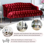 Wine Red Velvet Button-Tufted 3-Seater Sofa with Birch Wood Legs