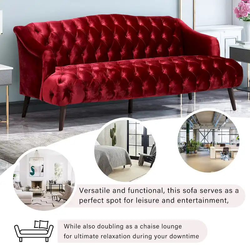 Wine Red Velvet Button-Tufted 3-Seater Sofa with Birch Wood Legs