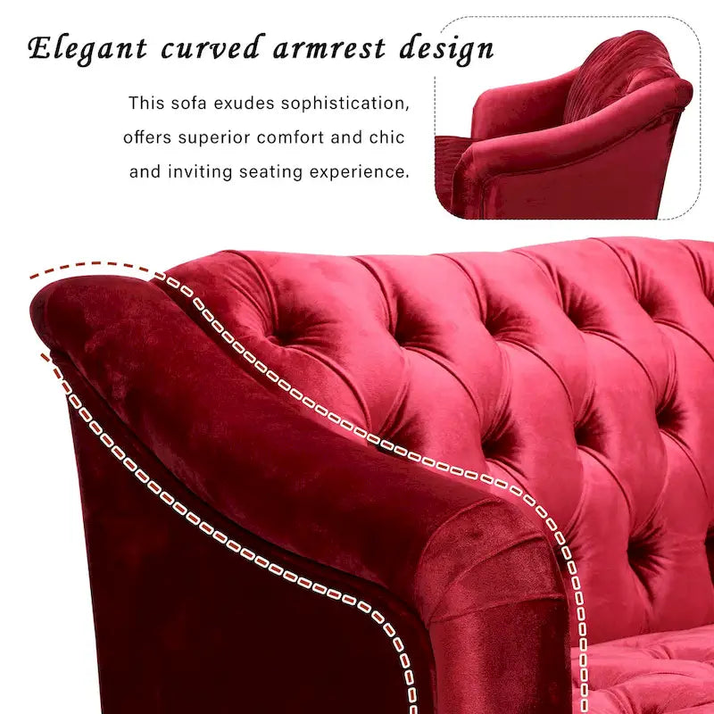 Wine Red Velvet Button-Tufted 3-Seater Sofa with Birch Wood Legs