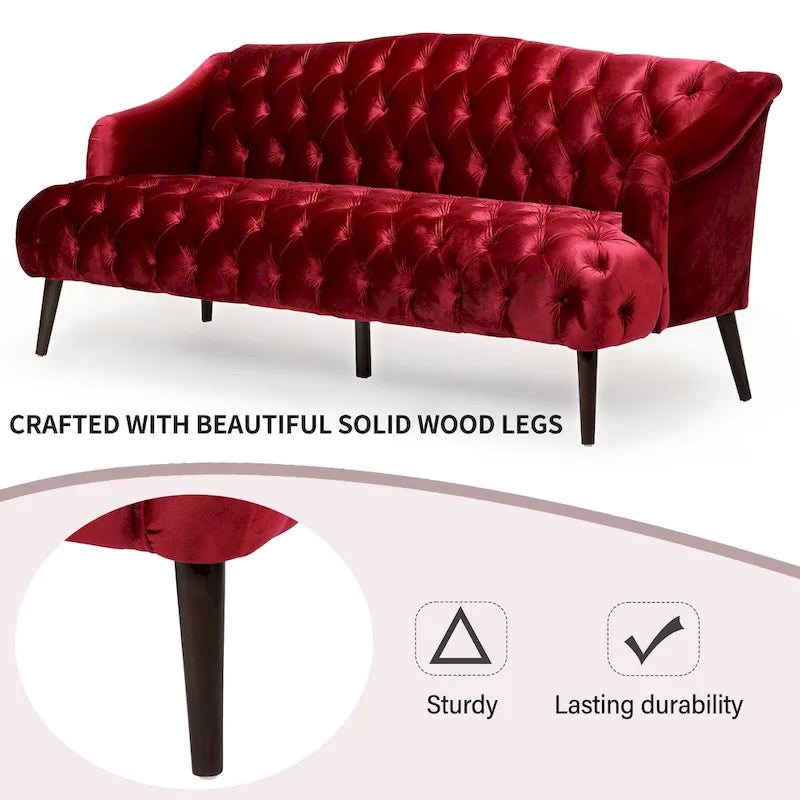 Wine Red Velvet Button-Tufted 3-Seater Sofa with Birch Wood Legs