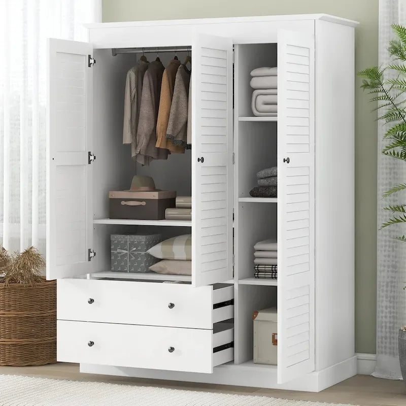 White Armoire Wardrobe with 3 Shutter Doors, 2 Drawers & 4 Shelves, Single – 47.2"L x 20.5"W x 66.7"H