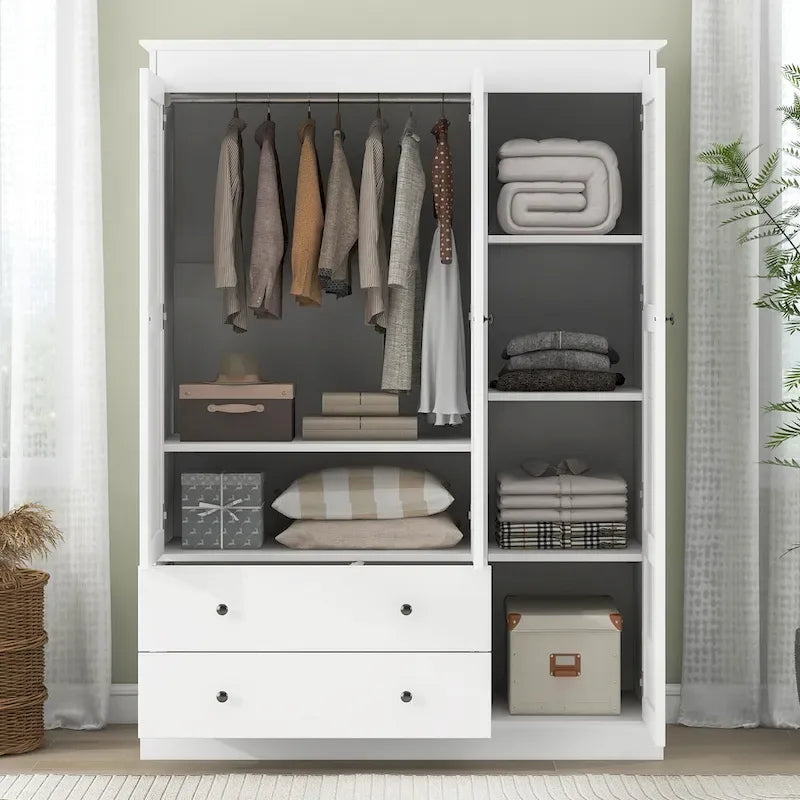 White Armoire Wardrobe with 3 Shutter Doors, 2 Drawers & 4 Shelves, Single – 47.2"L x 20.5"W x 66.7"H
