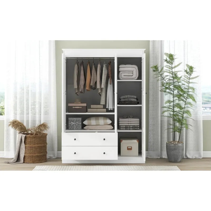 White Armoire Wardrobe with 3 Shutter Doors, 2 Drawers & 4 Shelves, Single – 47.2"L x 20.5"W x 66.7"H