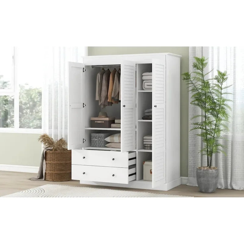 White Armoire Wardrobe with 3 Shutter Doors, 2 Drawers & 4 Shelves, Single – 47.2"L x 20.5"W x 66.7"H