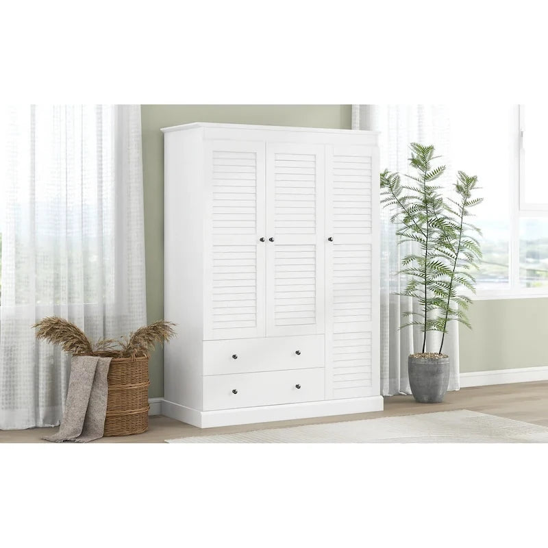 White Armoire Wardrobe with 3 Shutter Doors, 2 Drawers & 4 Shelves, Single – 47.2"L x 20.5"W x 66.7"H