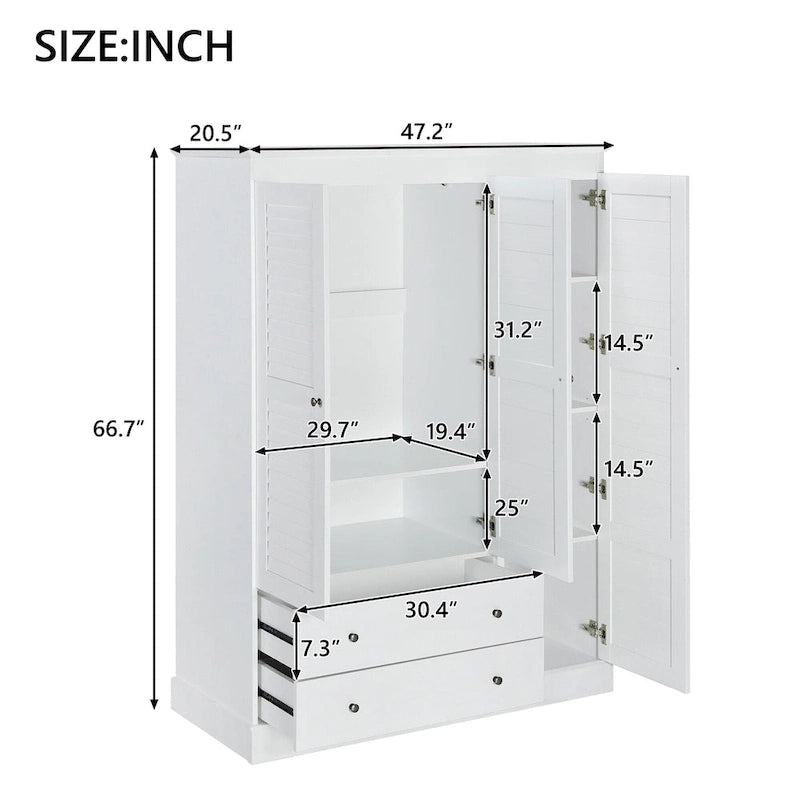 White Armoire Wardrobe with 3 Shutter Doors, 2 Drawers & 4 Shelves, Single – 47.2"L x 20.5"W x 66.7"H