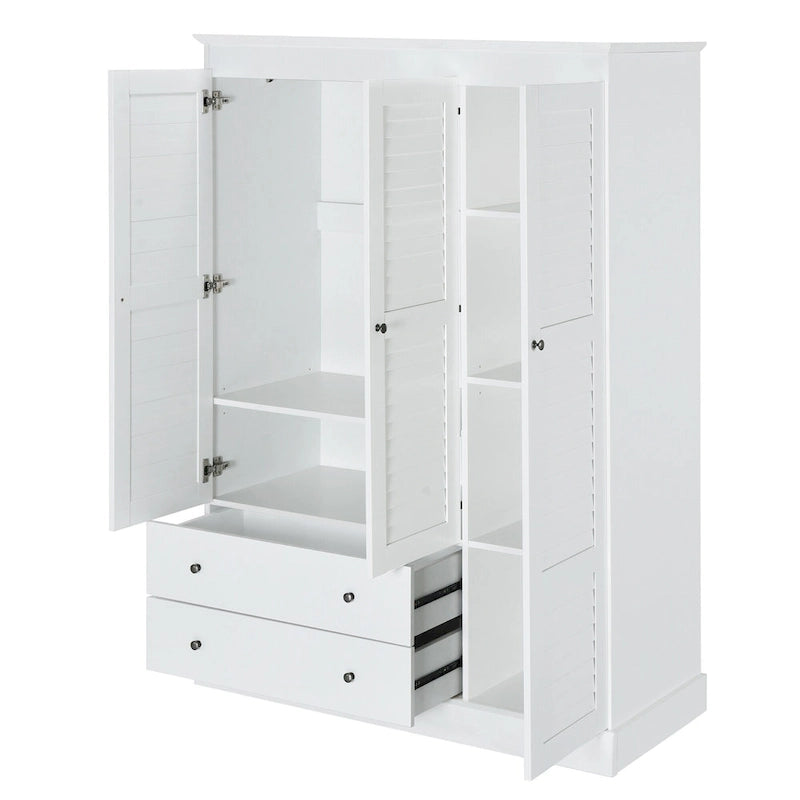 White Armoire Wardrobe with 3 Shutter Doors, 2 Drawers & 4 Shelves, Single – 47.2"L x 20.5"W x 66.7"H