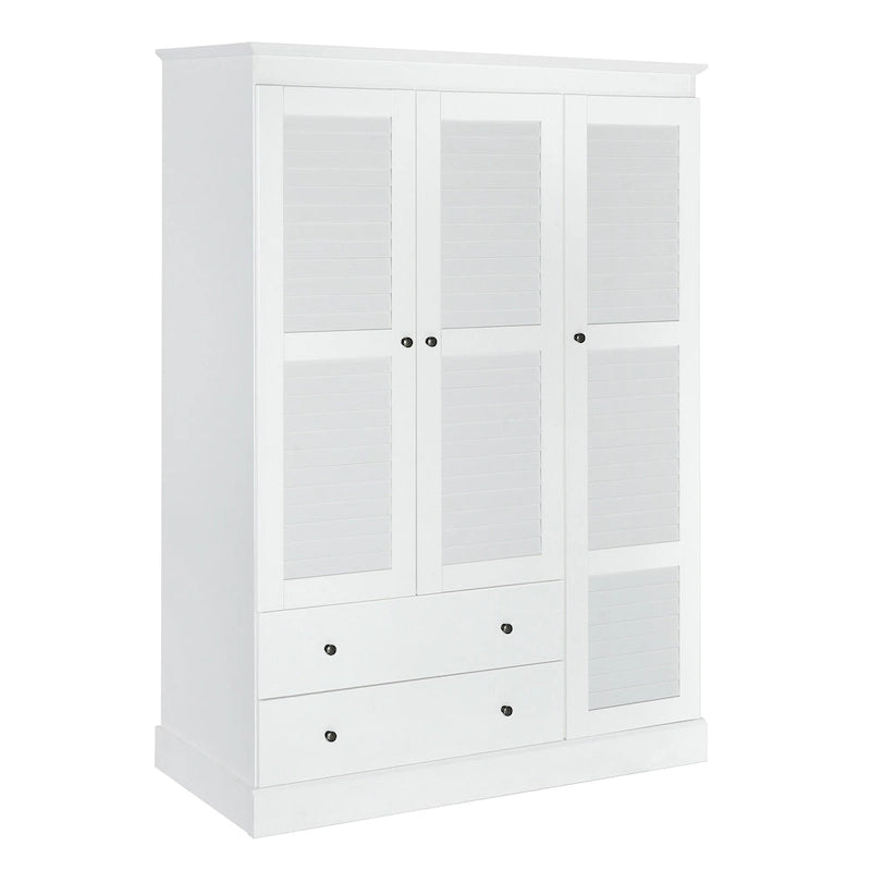 White Armoire Wardrobe with 3 Shutter Doors, 2 Drawers & 4 Shelves, Single – 47.2"L x 20.5"W x 66.7"H