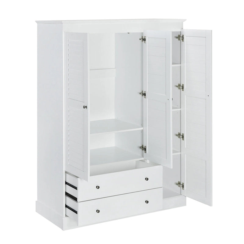 White Armoire Wardrobe with 3 Shutter Doors, 2 Drawers & 4 Shelves, Single – 47.2"L x 20.5"W x 66.7"H
