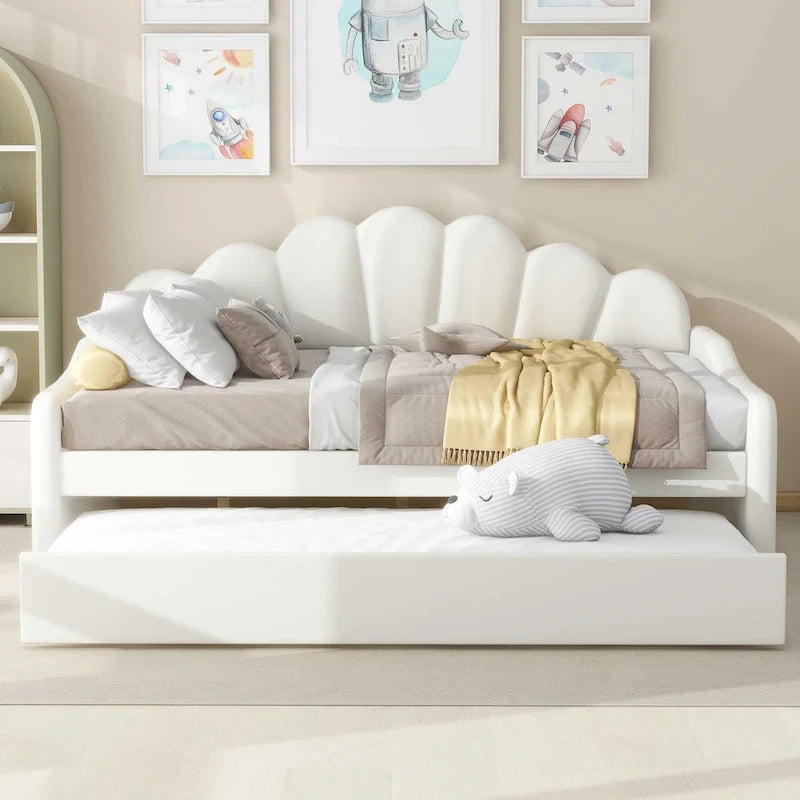White Velvet Shell-Back Daybed with Trundle, Sleeps 2
