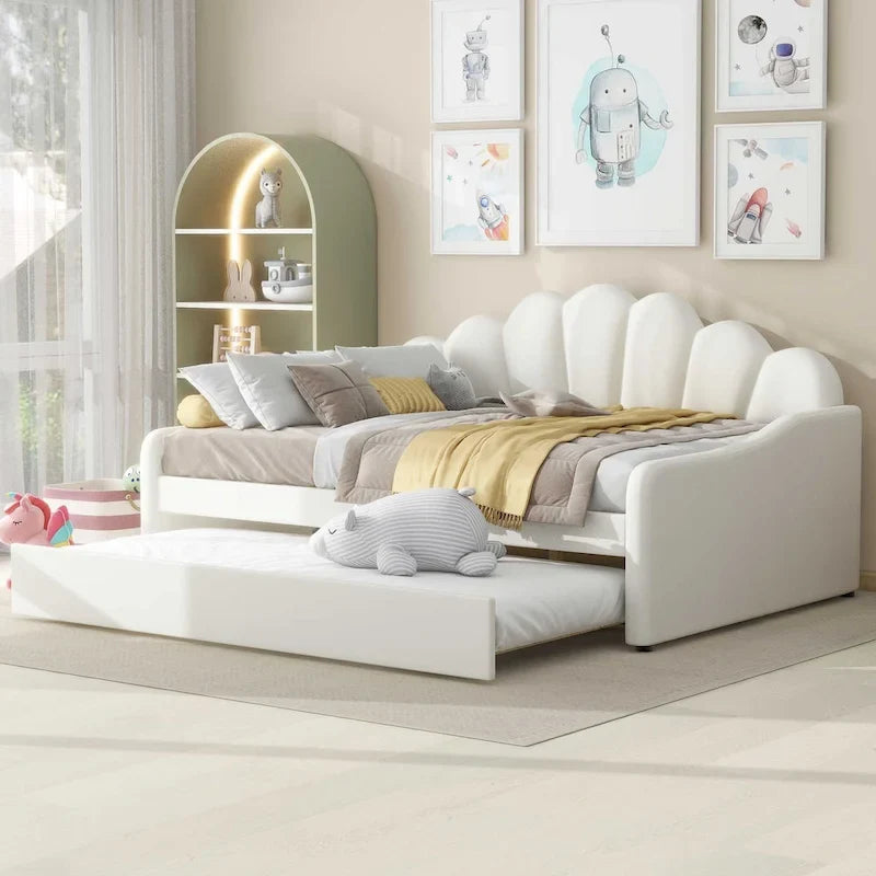 White Velvet Shell-Back Daybed with Trundle, Sleeps 2