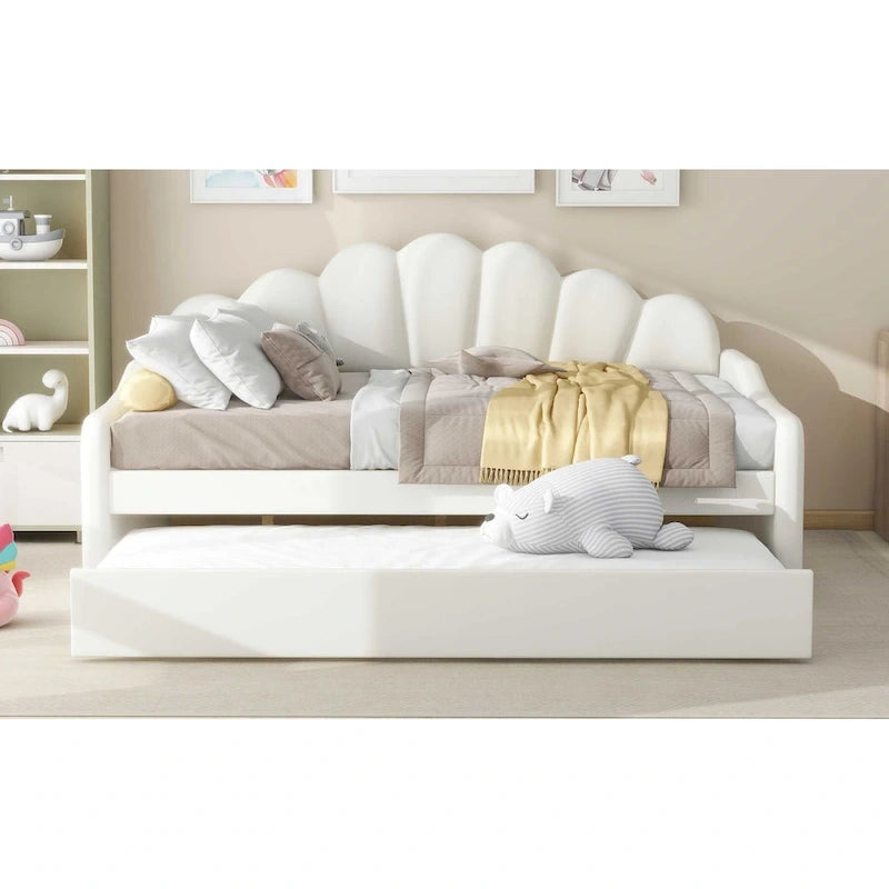 White Velvet Shell-Back Daybed with Trundle, Sleeps 2