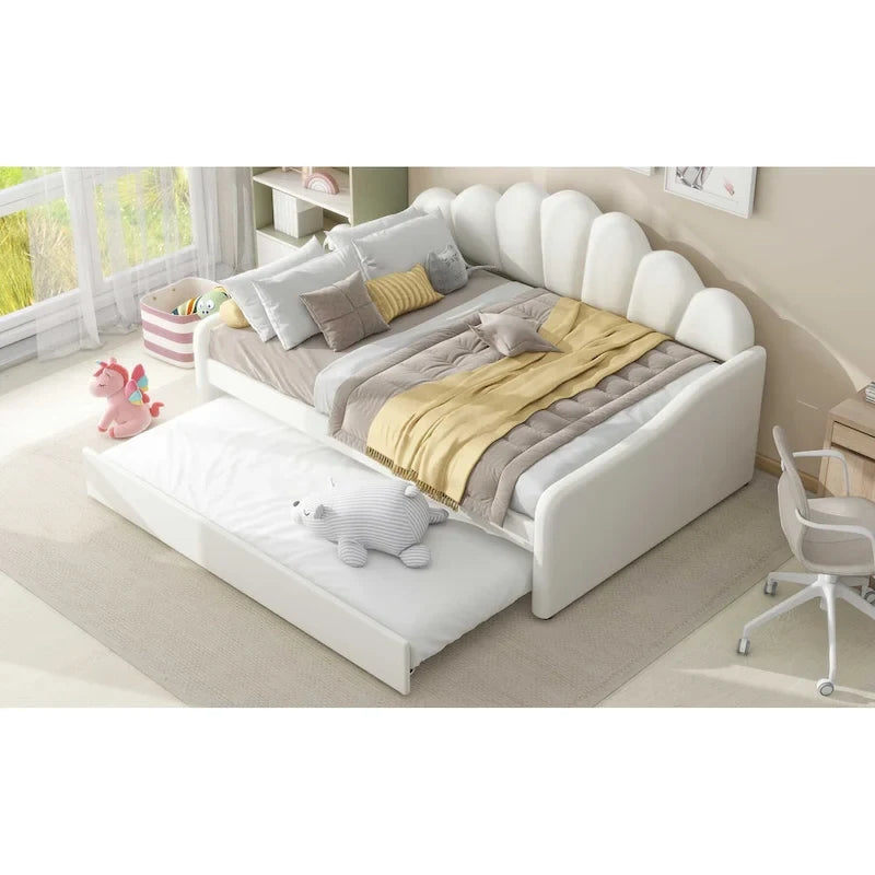 White Velvet Shell-Back Daybed with Trundle, Sleeps 2