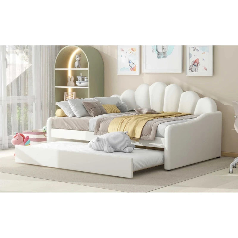 White Velvet Shell-Back Daybed with Trundle, Sleeps 2