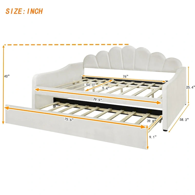 White Velvet Shell-Back Daybed with Trundle, Sleeps 2