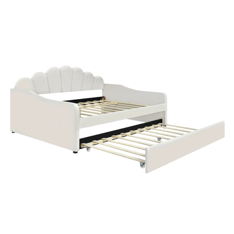 White Velvet Shell-Back Daybed with Trundle, Sleeps 2