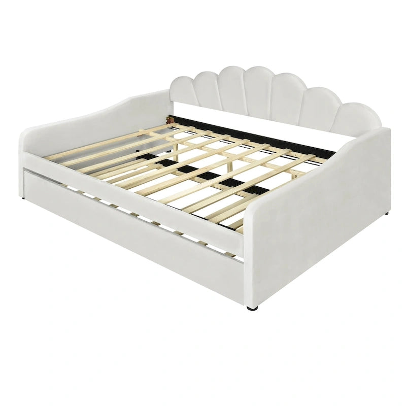 White Velvet Shell-Back Daybed with Trundle, Sleeps 2