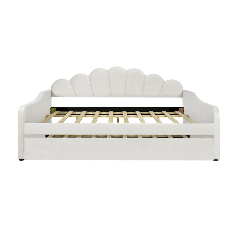 White Velvet Shell-Back Daybed with Trundle, Sleeps 2