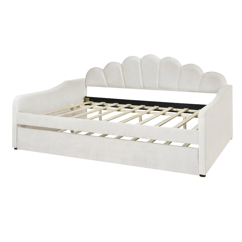 White Velvet Shell-Back Daybed with Trundle, Sleeps 2