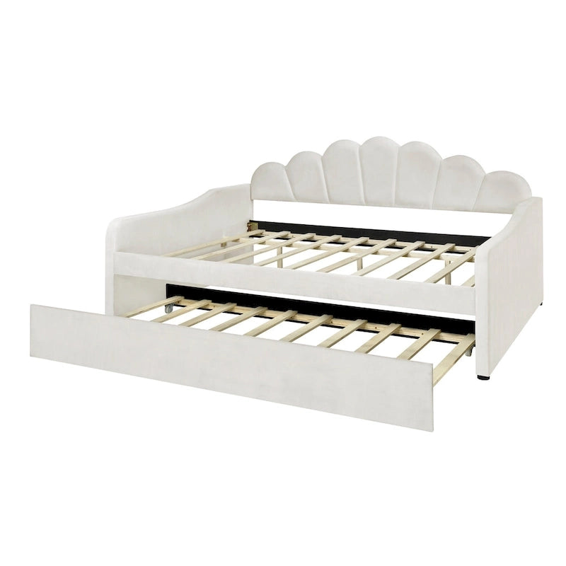White Velvet Shell-Back Daybed with Trundle, Sleeps 2