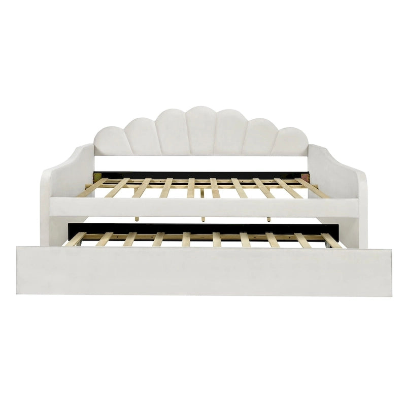 White Velvet Shell-Back Daybed with Trundle, Sleeps 2
