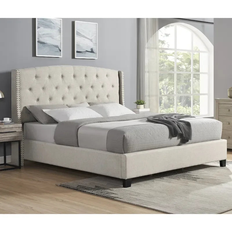 Beige Button-Tufted Wingback Platform Bed, For 2