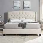 Beige Button-Tufted Wingback Platform Bed, For 2