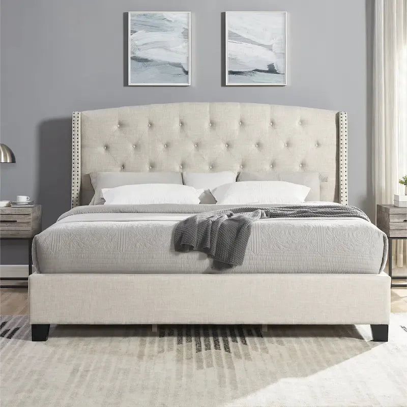 Beige Button-Tufted Wingback Platform Bed, For 2