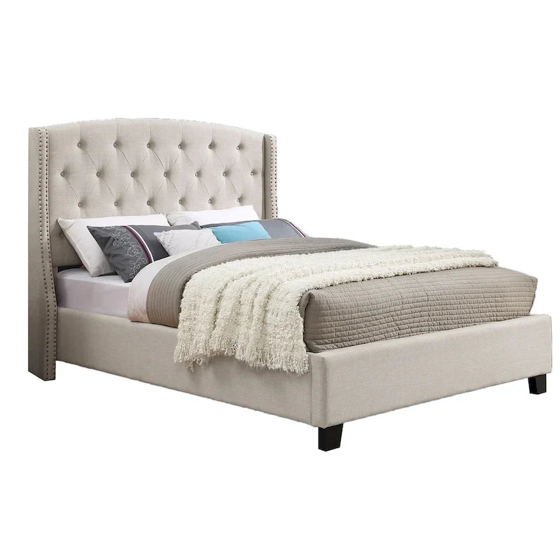 Beige Button-Tufted Wingback Platform Bed, For 2