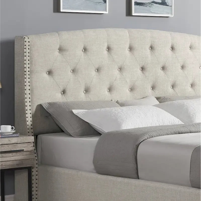 Beige Button-Tufted Wingback Platform Bed, For 2