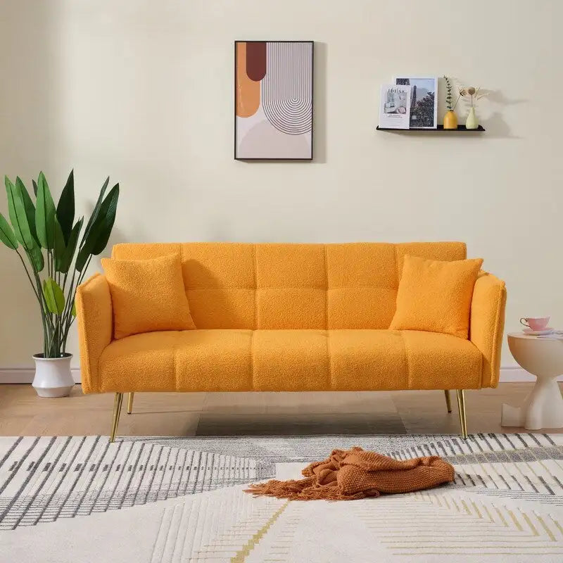Yellow Teddy Velvet Sofa Bed with Adjustable Back & Armrests, 2-Seater