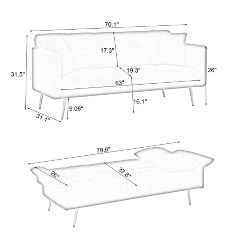 Yellow Teddy Velvet Sofa Bed with Adjustable Back & Armrests, 2-Seater