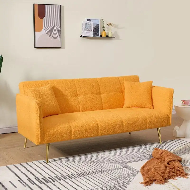 Yellow Teddy Velvet Sofa Bed with Adjustable Back & Armrests, 2-Seater