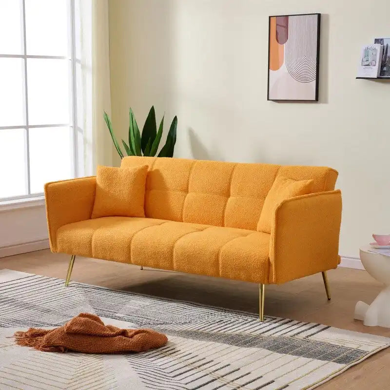 Yellow Teddy Velvet Sofa Bed with Adjustable Back & Armrests, 2-Seater