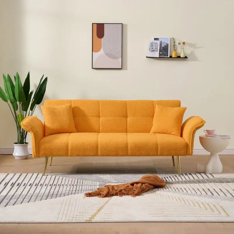 Yellow Teddy Velvet Sofa Bed with Adjustable Back & Armrests, 2-Seater