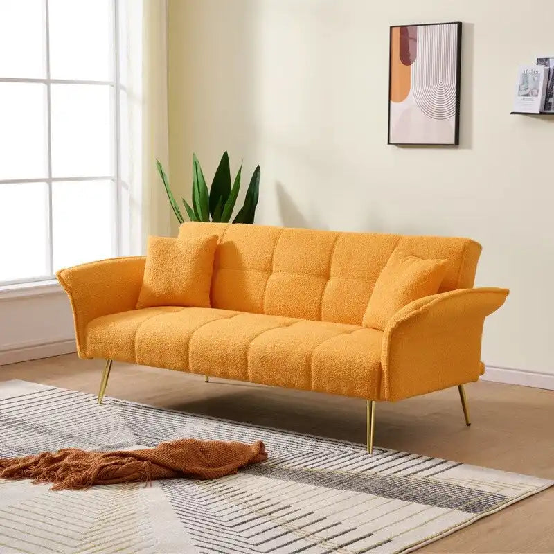 Yellow Teddy Velvet Sofa Bed with Adjustable Back & Armrests, 2-Seater