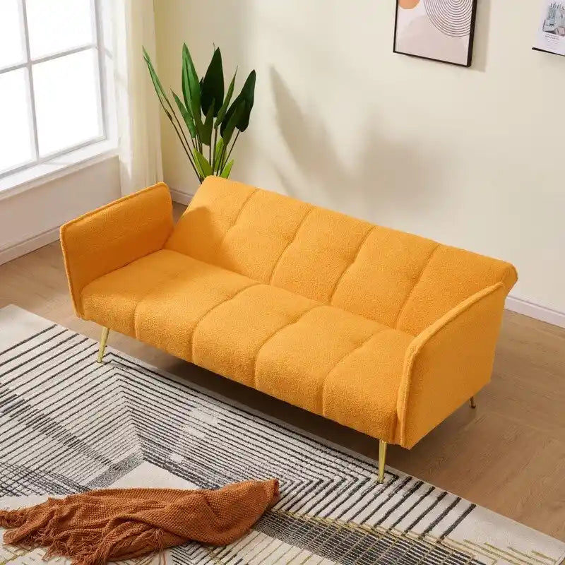 Yellow Teddy Velvet Sofa Bed with Adjustable Back & Armrests, 2-Seater