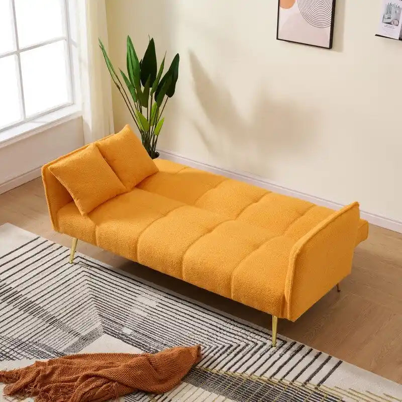 Yellow Teddy Velvet Sofa Bed with Adjustable Back & Armrests, 2-Seater