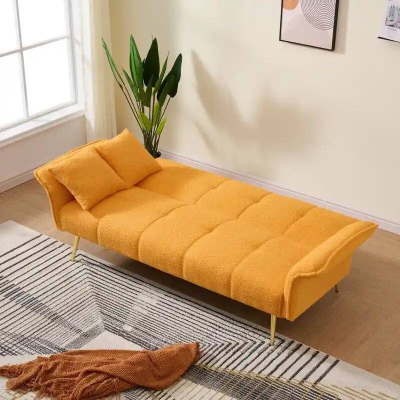 Yellow Teddy Velvet Sofa Bed with Adjustable Back & Armrests, 2-Seater