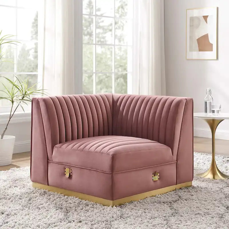 Dusty Rose / Navy Blue / Gray Channel Tufted Velvet Left Corner Chair, 1-Seat