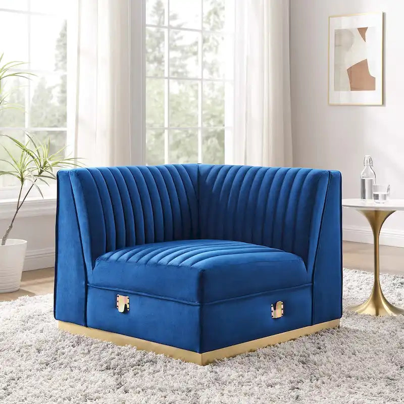 Dusty Rose / Navy Blue / Gray Channel Tufted Velvet Left Corner Chair, 1-Seat