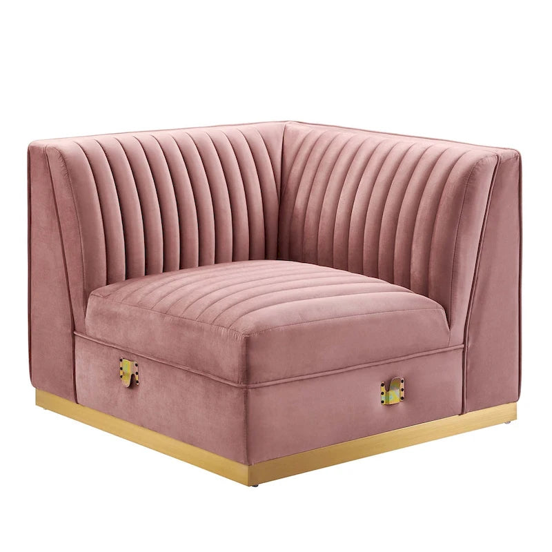 Dusty Rose / Navy Blue / Gray Channel Tufted Velvet Left Corner Chair, 1-Seat