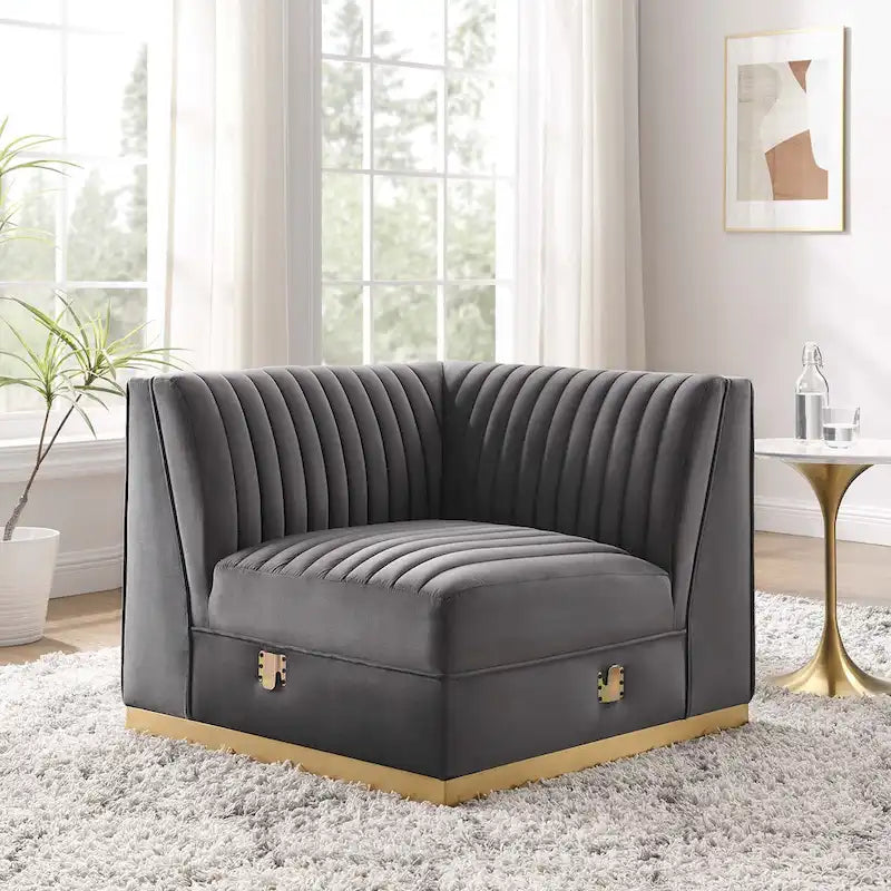 Dusty Rose / Navy Blue / Gray Channel Tufted Velvet Left Corner Chair, 1-Seat